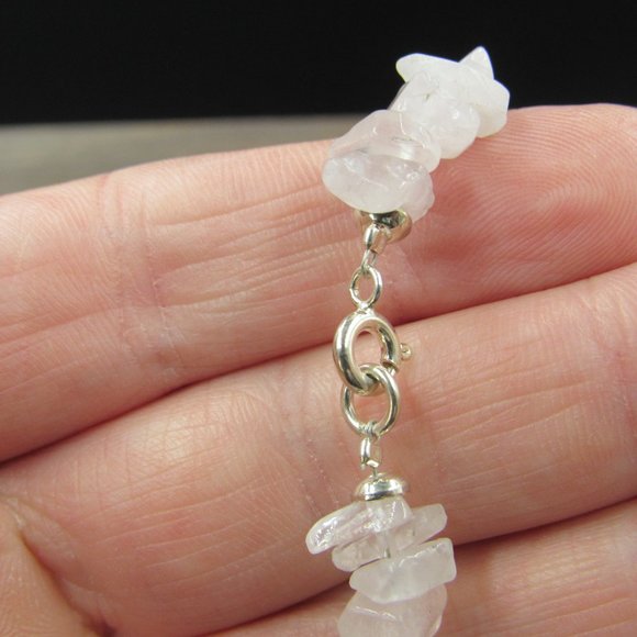 7" Sterling Silver Simple Rose Quartz Chips Bracelet Vintage - Picture 3 of 6